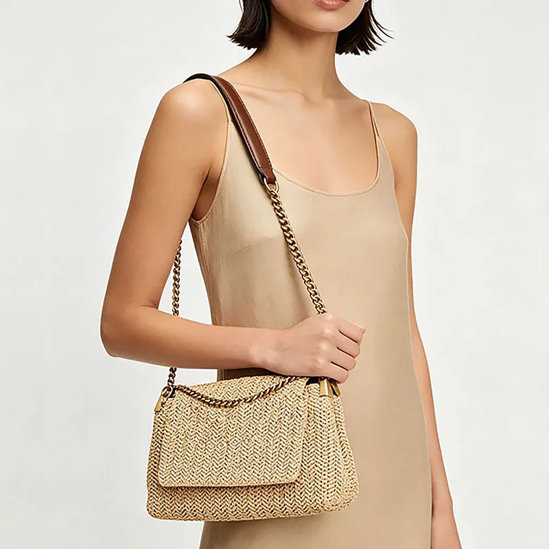 2026 New Beach Vacation Straw Woven Bag, Fashion Square Crossbody Bag with Chain, Ladies Trendy Handbag with Magnetic Buckle Ins