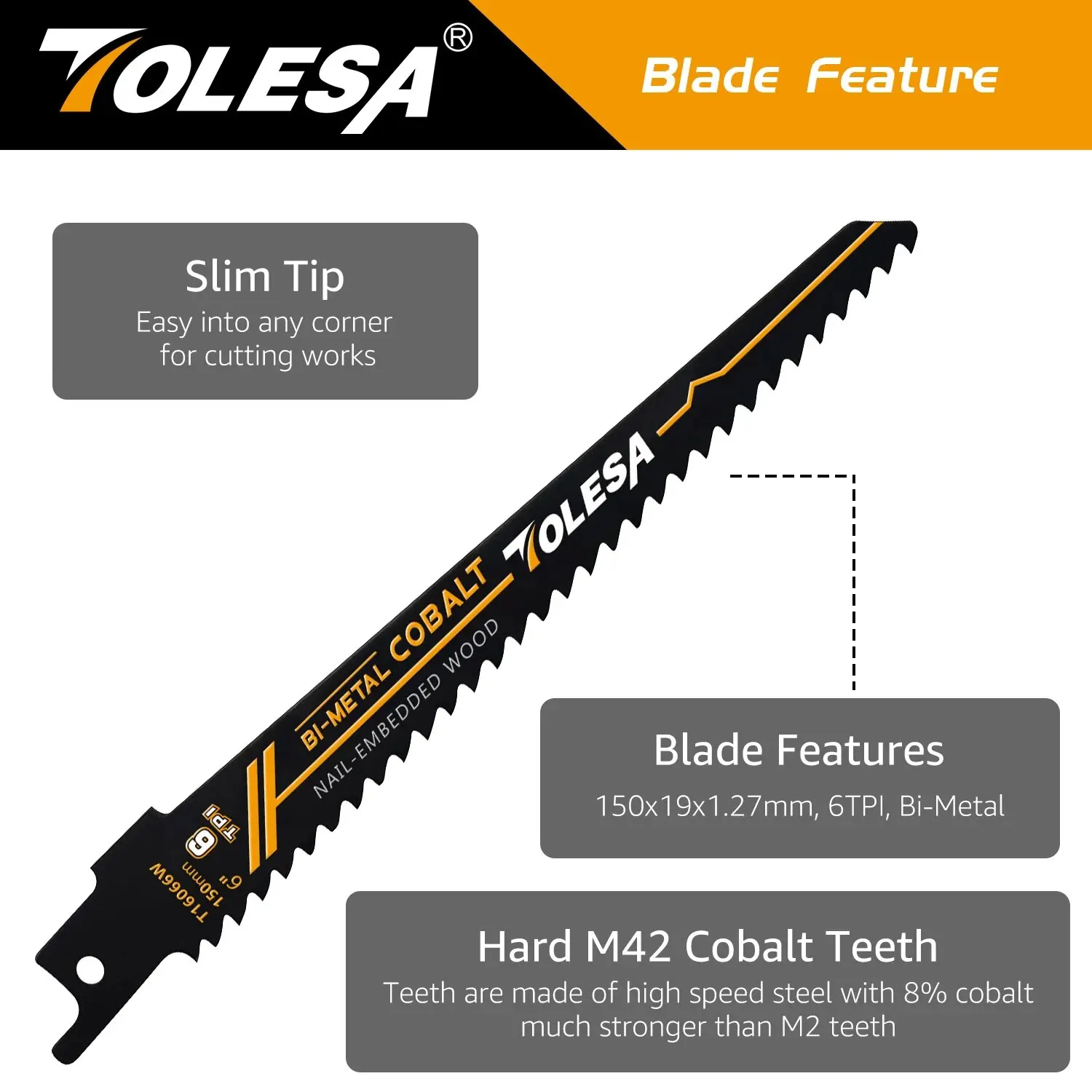 TOLESA 5PCS Reciprocating Saw Blades for Wood Window Door Demolition and Construction Bi-Metal with Cobalt Sharp Cutting 6TPI