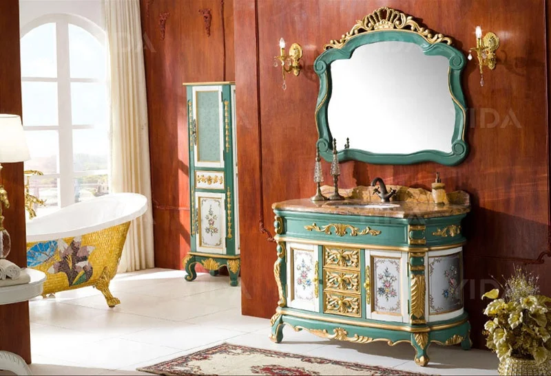 Mirrored Cabinet,YIDA Customize European Vintage Solid Wood Luxury Antique Mirror Vanity Bathroom Cabinet With Ceramics Wash Bas