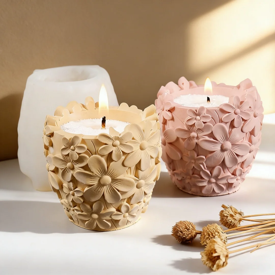 

3D Flower Pot Petal Relief Candle Cup Gypsum Silicone Mold Easy Remold For DIY Cement Floral Candle Jar Succulent Pot Decor