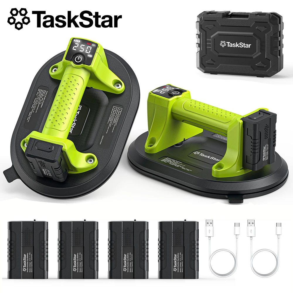 Image of TaskStar 10-Zoll-Glassaugnäpfe (2er-Pack) Tragbarer elektrischer Vakuumheber mit LED-Anzeige & 4 3,0-Ah-Batterien, 550 LBS Tragfähigkeit, Hebeausrüstung zum Heben von Fliesen, Glas und poliertem Stein