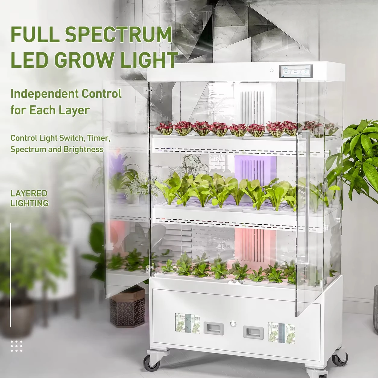 Hydroponic Growing Cabinet 3 Layer Home Use Leafy Greens Vine Plants Auto Water Circulation Glass Door for Greenhouse Planting
