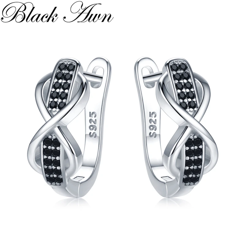 

Black Awn 2024 New Silver Color Round Black Trendy Spinel Engagement Bow Hoop Earrings for Women Jewelry Bijoux I157