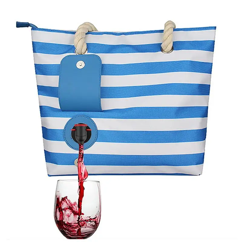 Tote Beach Bag Canvas Drink Purse with Hidded Spout and Dispenser Flask Holds 2 Bottles of Wine for Travel Wine Tasting Party