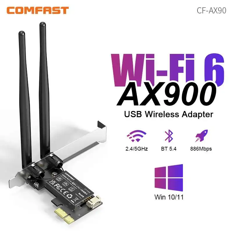 

COMFAST AX900 WiFi 6 PCI-E Adapter 2.4G&5GHz 900Mbps Network Card BT5.4 WiFi6 Bluetooth Adapter 2*3dBi Antenna PC WiFi Card WPA3