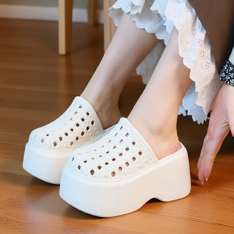 Chunky Thick Sole 7cm Platform Slippers Women Hollow Perforated Breathable Mules Shoes Concise Woman Height Boost Summer Slides