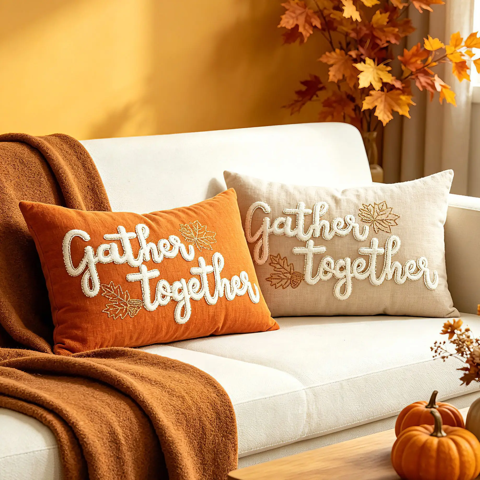 Sheneyron Maple Leaf Embroidery Thanksgiving Day Throw Pillow Cover Cojines Embroidered Decoration Pillow Cushion Cover 30x50cm