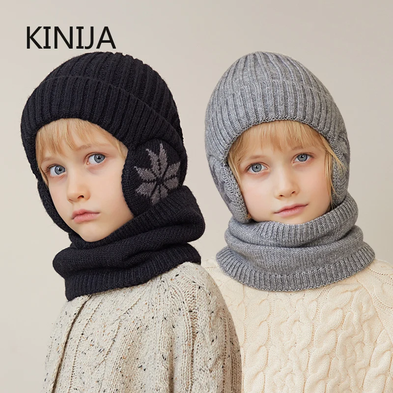 2Pcs Knitted Children Winter Hat Scarf Fleece Lining Ears Protection Beanie Hat Neck Warmer Warm Child Boy Cap official website