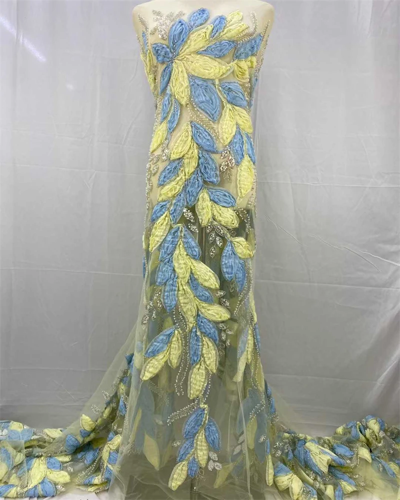 

African Lace Fabric High Quality French 3D Flower Sequins Embroidery Beads Tulle Lace Fabric For Party Dress