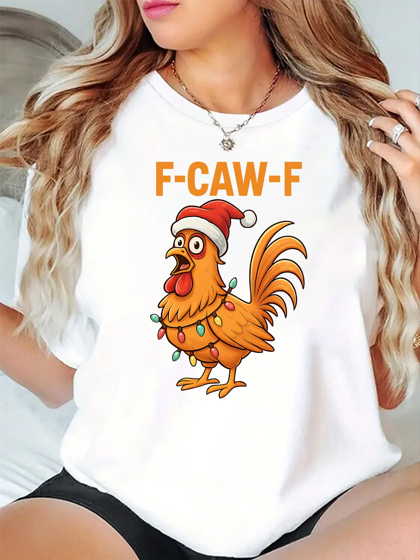 F Caw F Christmas Rooster Santa Hat String Lights Graphic Womens T Shirt Short Sleeve Crew Neck Daily Casual Ladies Tee Tops