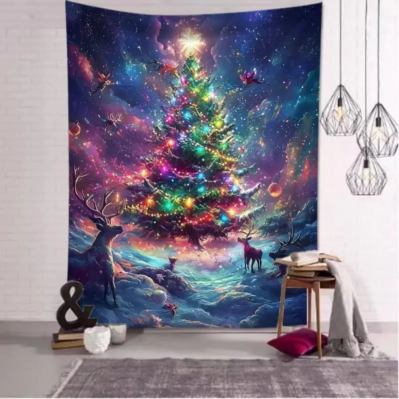 VIKAMA Magic Starry Christmas Tree Reindeer Wall Tapestry Purple Galaxy Colorful Light Elf Antler Fantasy Holiday Festive Decor