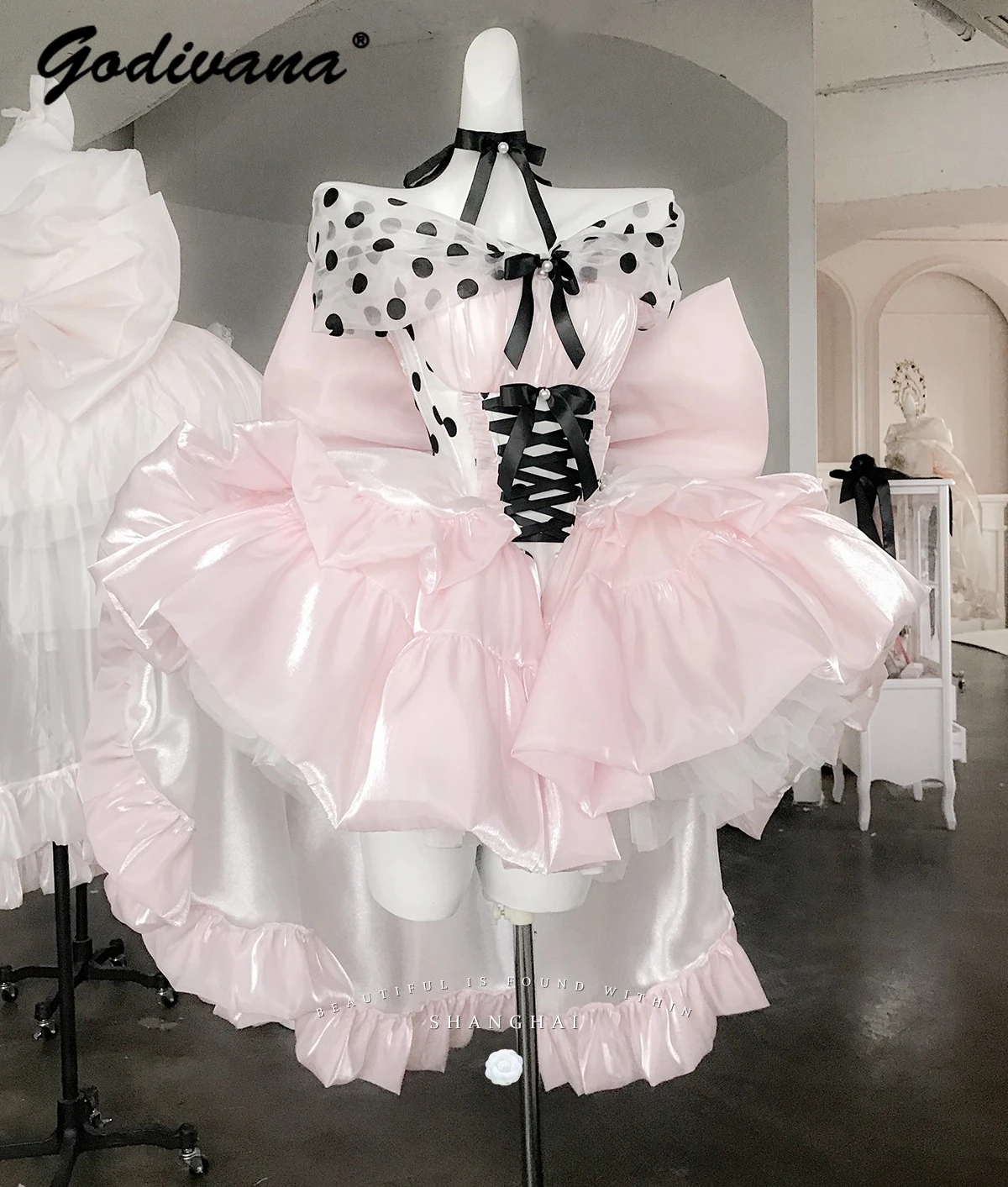 

Lolita Fairy Princess Dress Sweet Girl Women's Pink Polka Dot Off Shoulder Big Bow Trailing Puffy Short Birthday Party Dresses