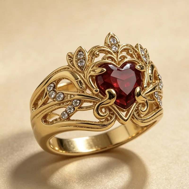 Retro love zircon alloy electroplated gold ring, inlaid with red zircon jewelry women's jewelry