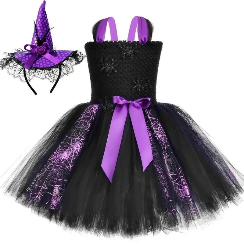 Sparkle Spider Witch Costumes for Girls Carinival Party Outfit with Broom Hairbow Children Clothes for Kids Halloween Tutu Dress