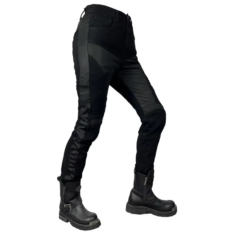 New Motorcycle Women Summer Riding Jeans Belt Fixed Longer Knee Gears Moto Trousers Mesh Breathable High Elastic Motocross Pants