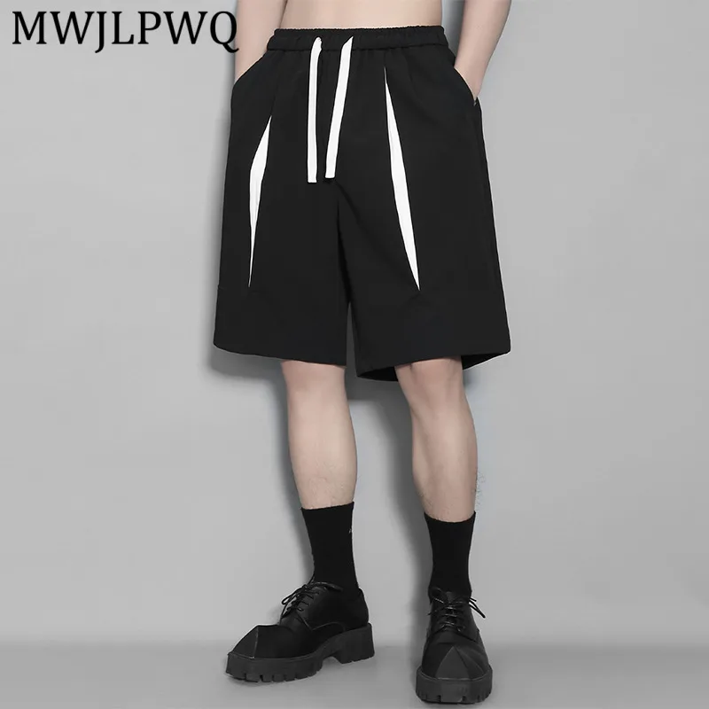 MWJLPWQ Black Casual Shorts With White Drawstrings Elastic Waistband Loose Fit Streetwear Comfortable Mid Length Pants Men 16735