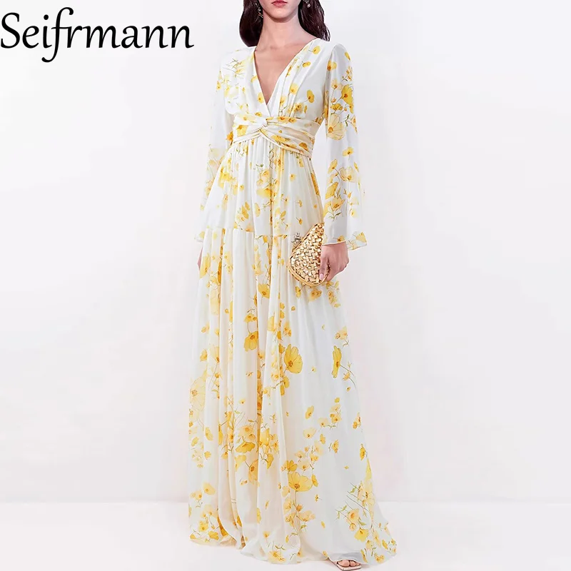 

Seifrmann French casual Holiday Long Dress Floral-Print V-Neck Long-Sleeved Chic Elegant Designer Big Swing Dresses
