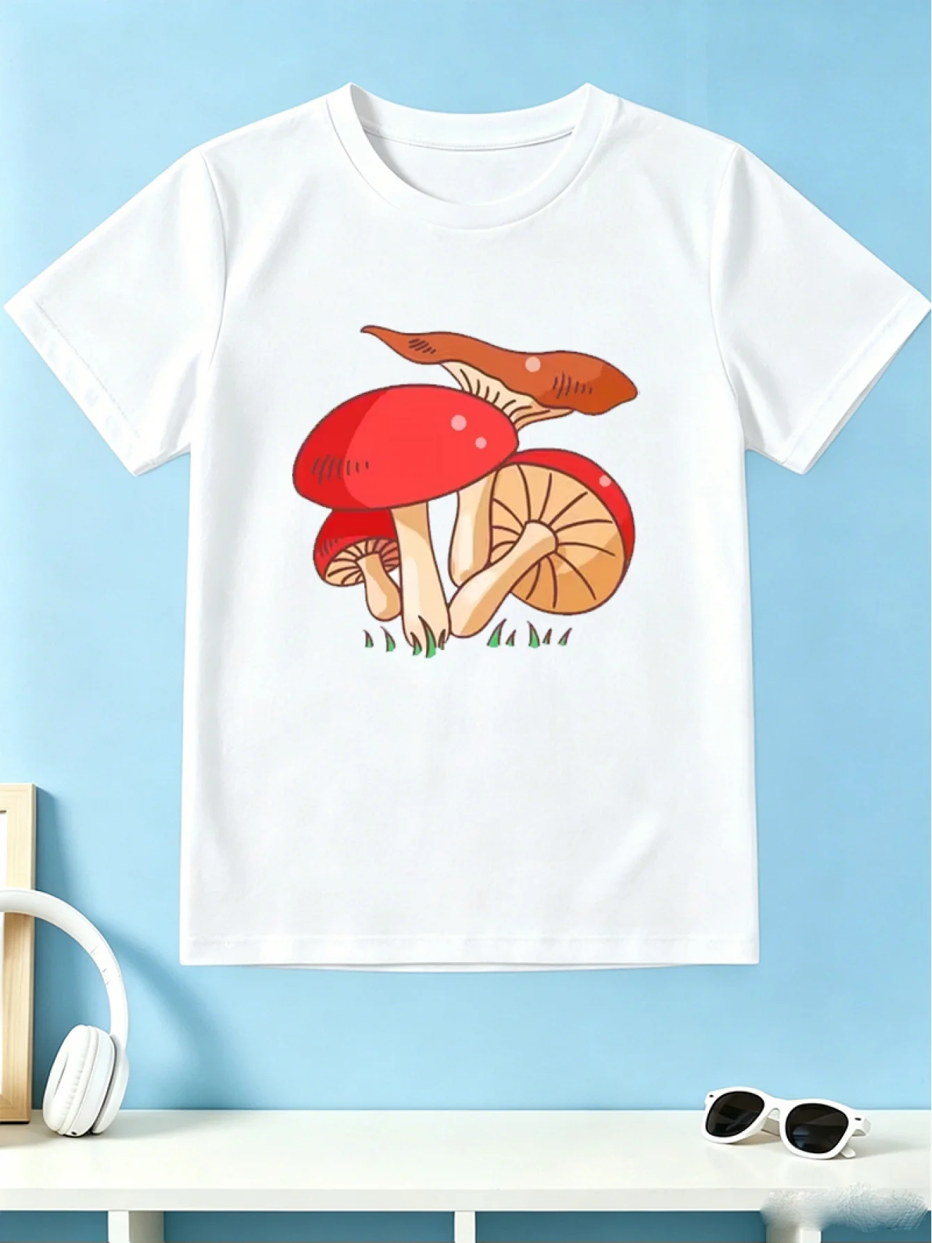Cute Red Wild Mushrooms Cartoon Plant Nature Graphic Print T Shirt Family Matching Boys Girls Kids Short Sleeve Daily Tees