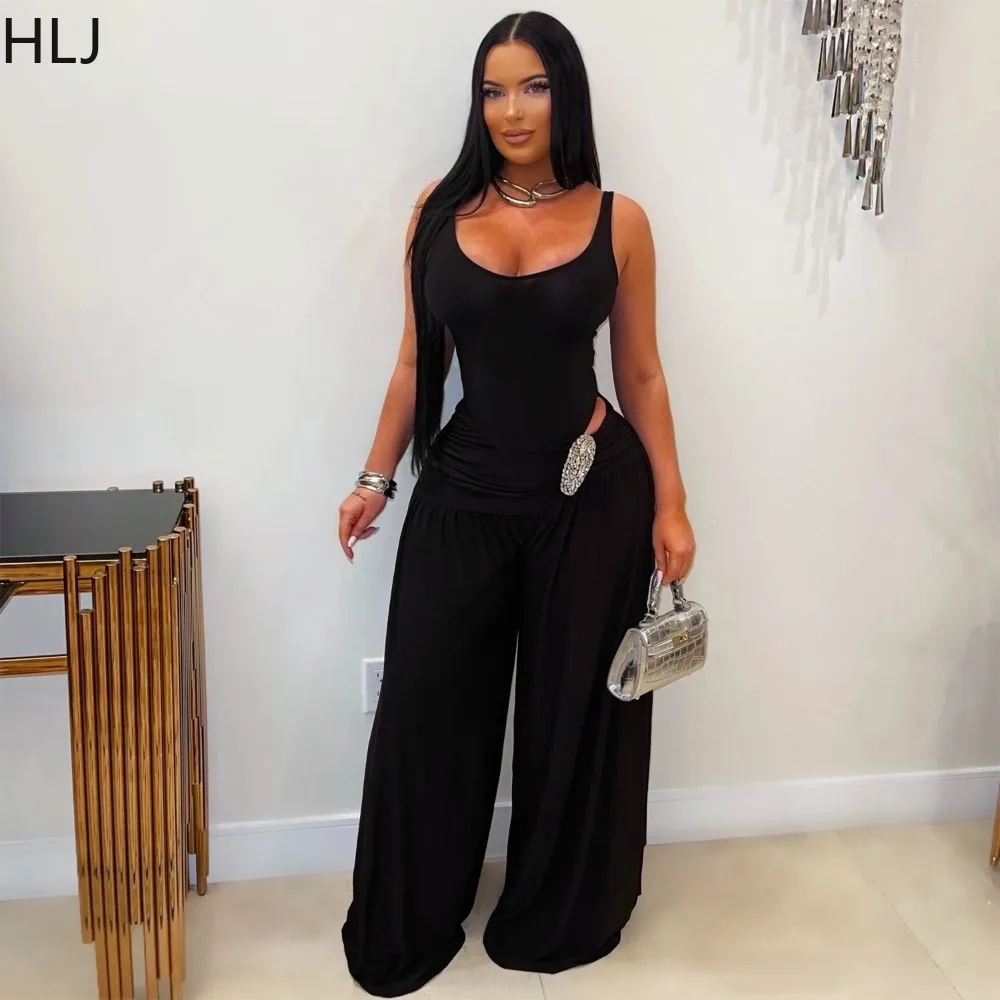 HLJ Women 2 Piece Outfits U Neck Sleeveless Tank Tops Ruched High Waist Wide Leg Pants Set Casual Elegant Daily Matching Suits