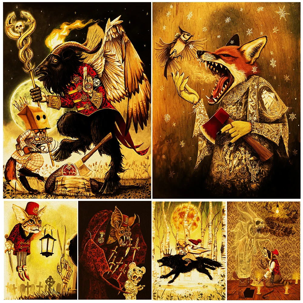 Fox Butcher,Skeleton Fox Grandma,Angel Baphomet Vitnage Canvas Wall Art Abstract Gothic Horror Animals Art Poster Print Decor