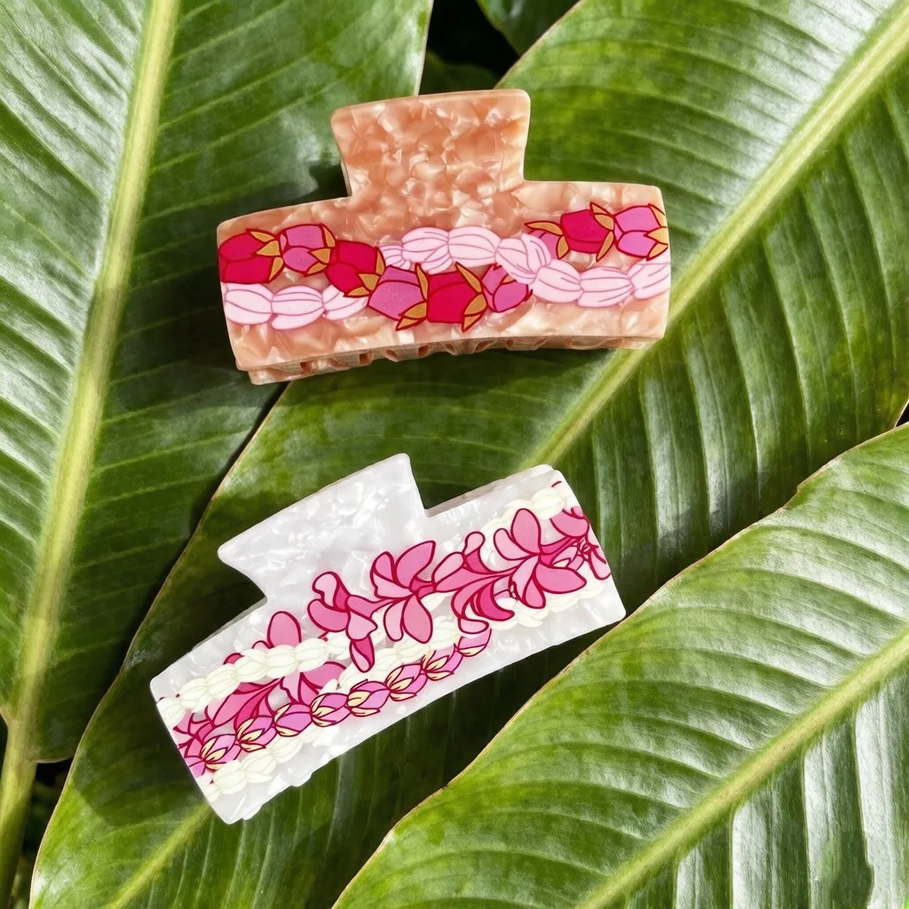 2026 New Hawaiian Plumeria Lei Print Acetate Claw Clip 2Pcs Tropical Floral Shark Hair Clips For Women Thick Hair Summer Beach V