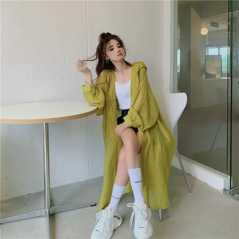 Summer New Thin Mid Length Hooded Long Sleeve Shirt Tops Solid Color Loose All-match Cardigan Trend Casual Women Clothing