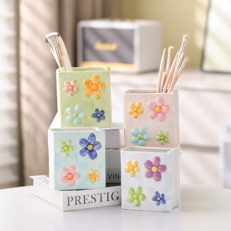 Tulip Ceramic Pen Holder | Book-Shaped 3D Relief Storage Holder | Makeup Brush Organizer and Decorative Piece