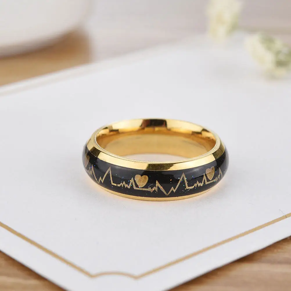 1Pcs Heat Color Changing Ring Metal Fashion Couple Electrocardiogram Printed Unique Stylish Finger Ring Golden Size 6 Birthday