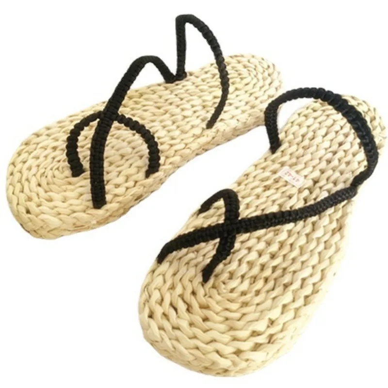 Anime Cosplay Shoes Straw Sandals with Black Braided Straps Comfortable Summer Flip Flops for Men and Women