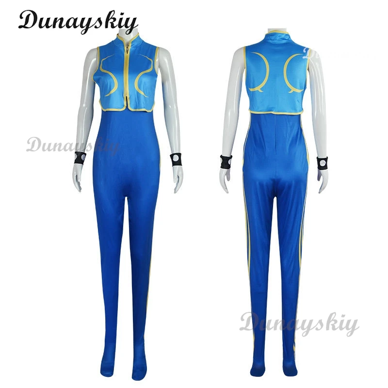 Game Chun Li Cosplay Costume Wig Blue ChunLi Superhero Jumpsuit Woman Girls Carnival Party Dress Bodysuit Zentai Suit Customized