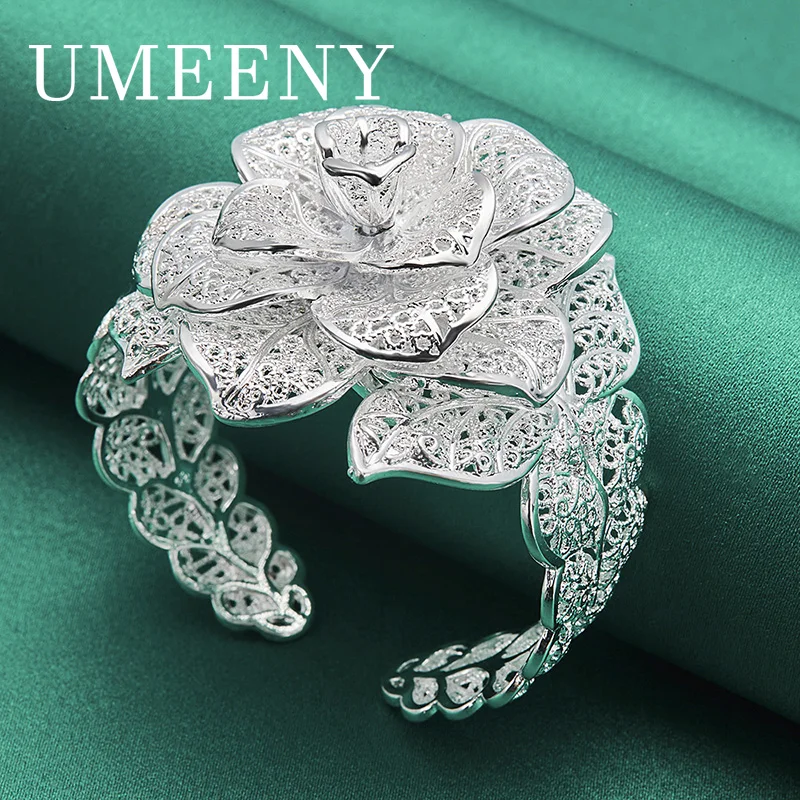 

Luxury 925 Sterling Silver Charm Flower Open Bracelet Women Party Wedding Engagement Jewelry Accessories Gift