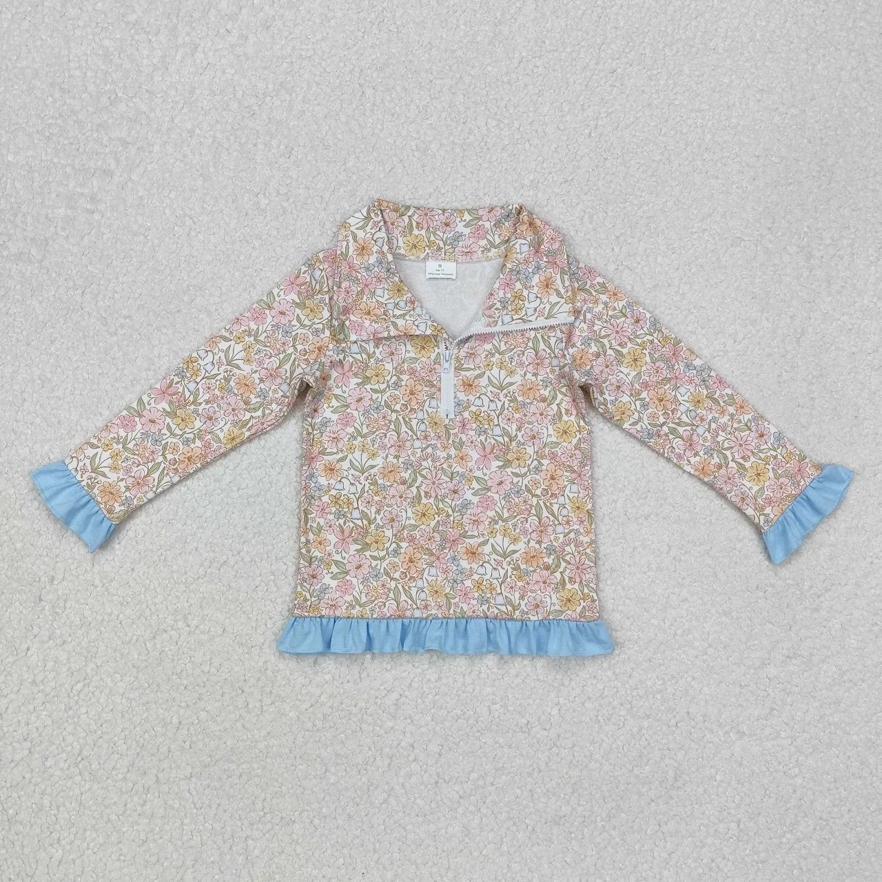 Wholesale Baby Girl Floral Shirts Children Kids Infant Pullover Zipper Flower T-shirt Toddler Long Sleeves Ruffle Tee Clothing