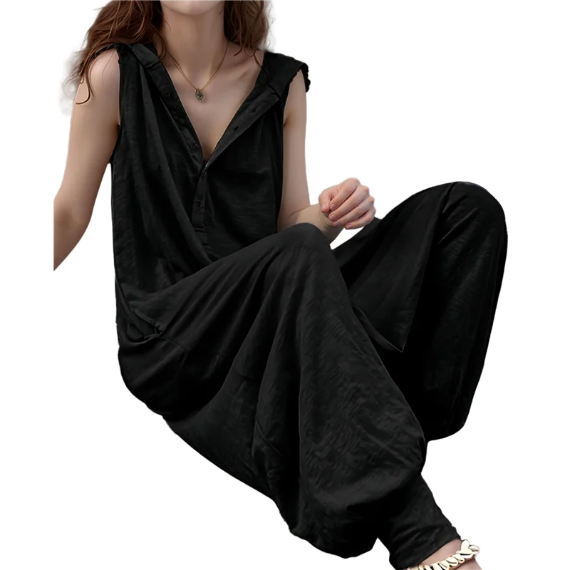 ABRT-dames jumpsuit met knopen, mouwloze jumpsuit met capuchon, outfit, rompertjes, overall met zakken