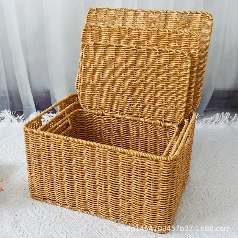 DSA storage basket with lid imitation rattan woven finishing basket snack basket double handle living room kitchen manual