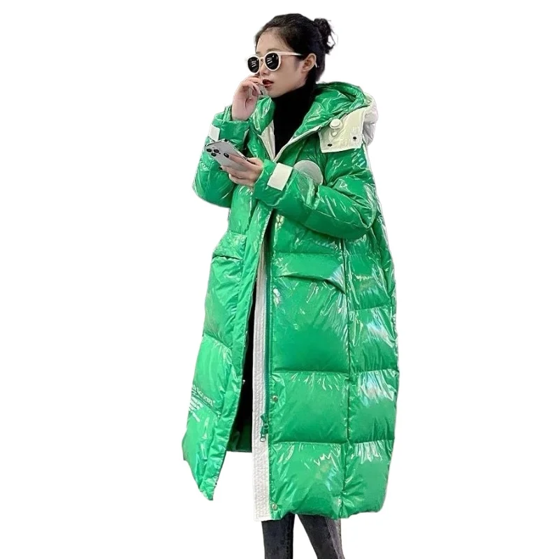 

Hooded contrasting color haute couture fashion glossy leave-in warm knee jacket women's winter new good-looking long thickened