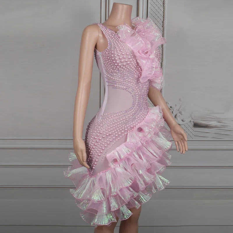 Pink Rhinestones Pearls Cake Dress Women Celebrate Evening Dresses Bar Dj Ds Party Costume Festival Outfit Clubwear