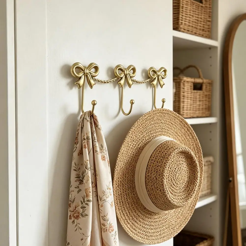 Bow Wall Hook Decorative Metal Hanger Iron Art Bow Triple Hook Wall Mounted Organizer Style Gold Metal Decorative for Entryway