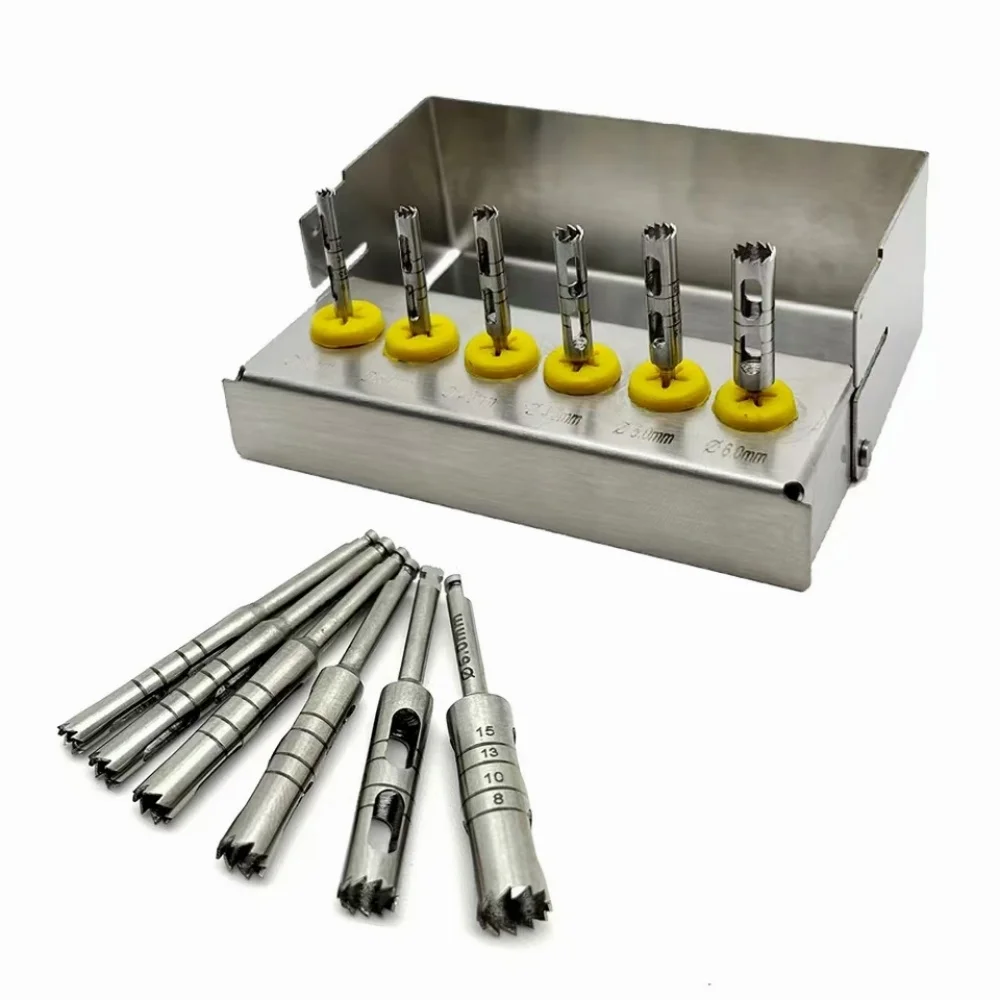 

6pcs/set Dental Implant Long Bone Trephine Bur for Low-speed handpiece Handle Dia 2.35mm Surgical Instrument Disinfection Holder