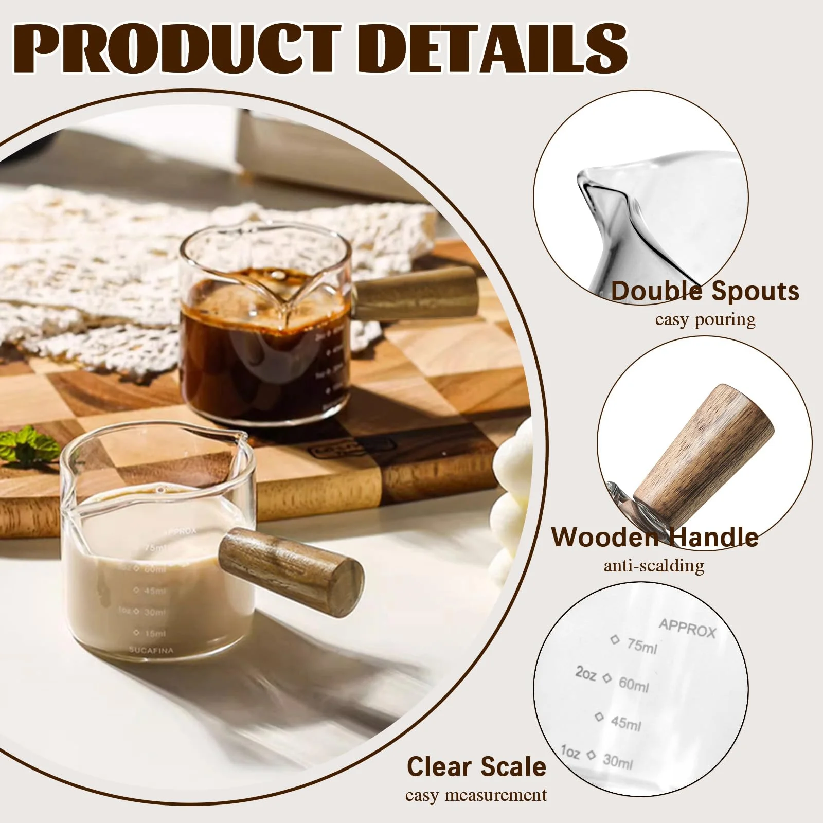 

Clear Glass Measuring Cup 75ml Double Pour Spout Coffee Milk Wood Handle Insulation Measurement Tool Kitchen Bar Accessories