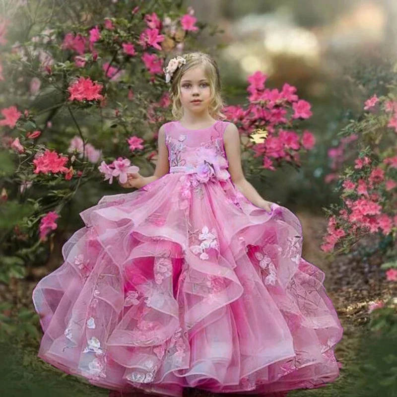 Robe rose à fleurs pour filles, en organza, longueur au sol, pour fête d'anniversaire, mariage, première communion, vacances