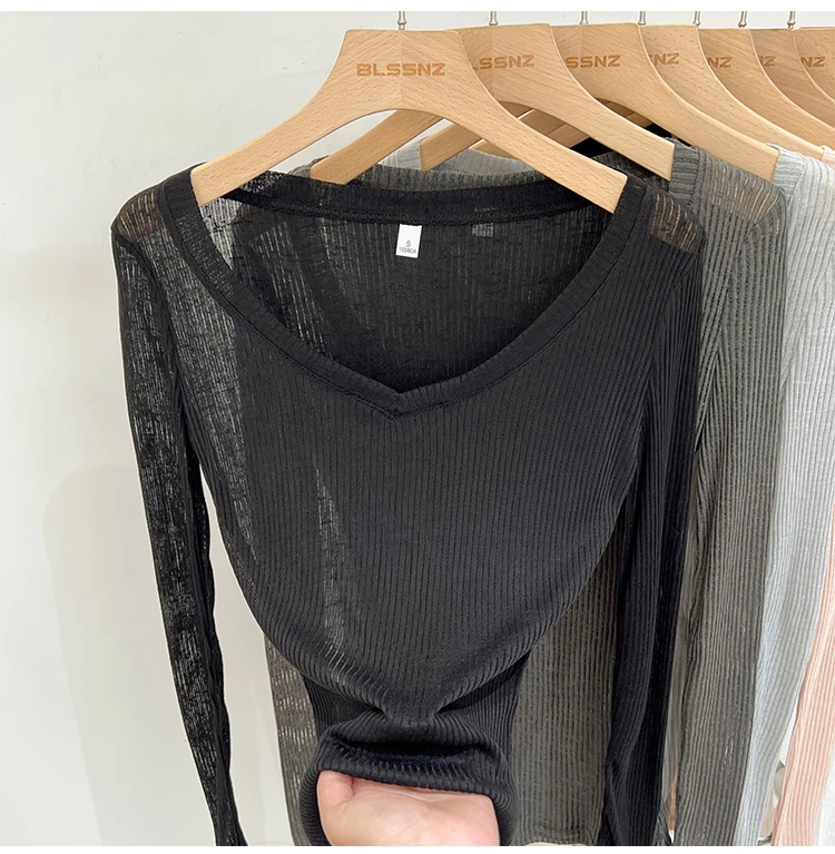 2026 Sommer Neuer Lässiger Stil Transparentes Dünnes Durchsichtiges Überzug-Top Damen T-Shirt V-Ausschnitt Sonnenschutz Langarm T-Shirt – Detail 31