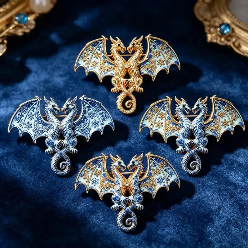 1Pcs Animal Double Headed Dragon Design Brooches for Men and Women Blue-and-White Porcelain-Inspired Jewelry Fashion Accessories