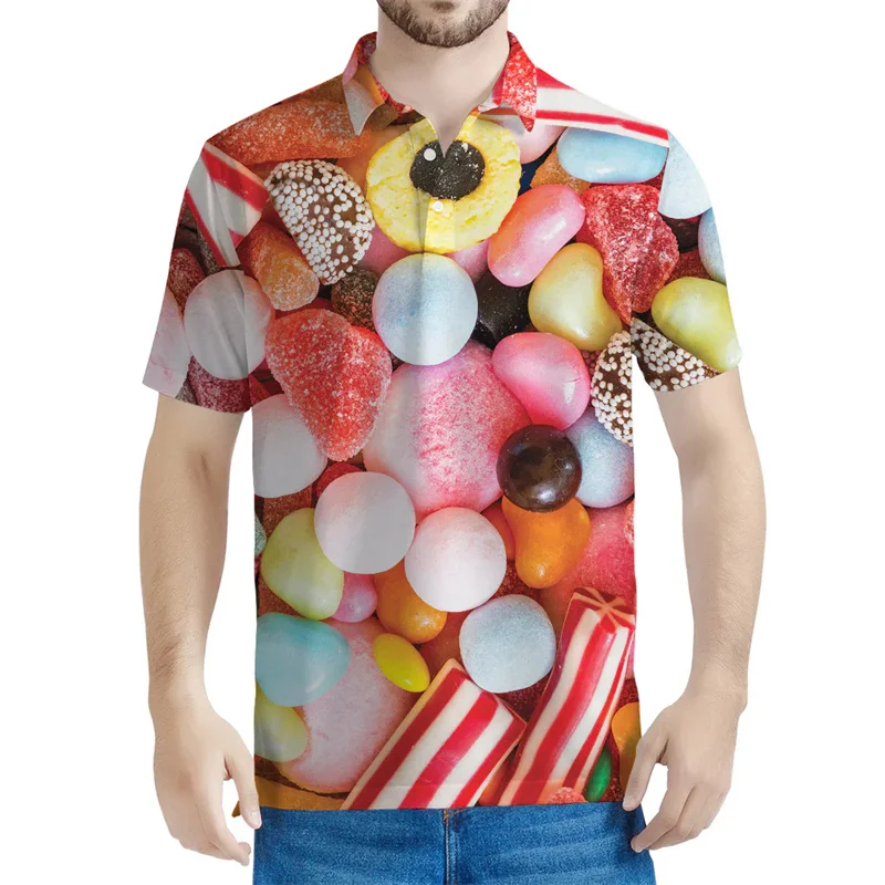 Cartoon Gummy Fudge Pattern Polo Shirt For Men 3D Printing Candy Short Sleeve Lapel Blouse Children Summer Tops Button T-shirt