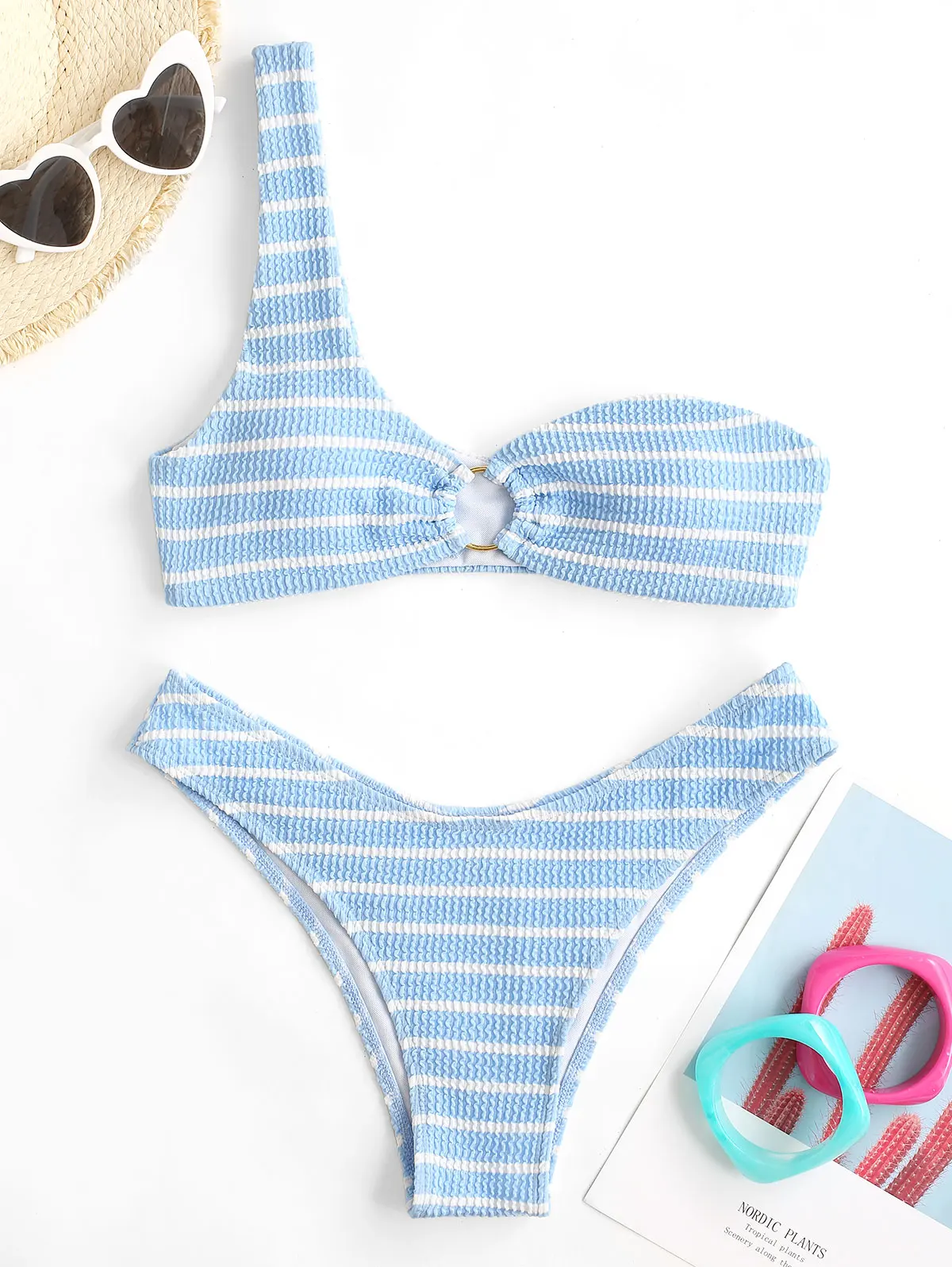 ZAFUL Striped Textured O Ring One Shoulder Bikini Swimwear