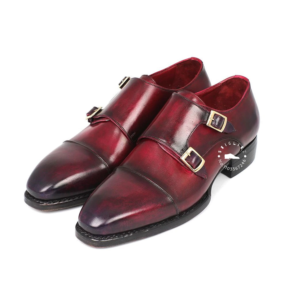 Double Monk Strap Handmade Shoes Cap Toe Hand Painted Oxford Shoes Designer Style Luxury Leather Shoes Buckle Almond Derby Shoes