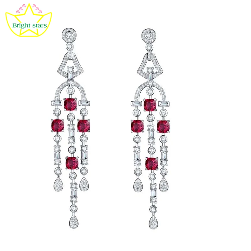 Bright Star Fashion S925 sterling silver full diamond tassel nurturing ruby earrings for women stud earrings