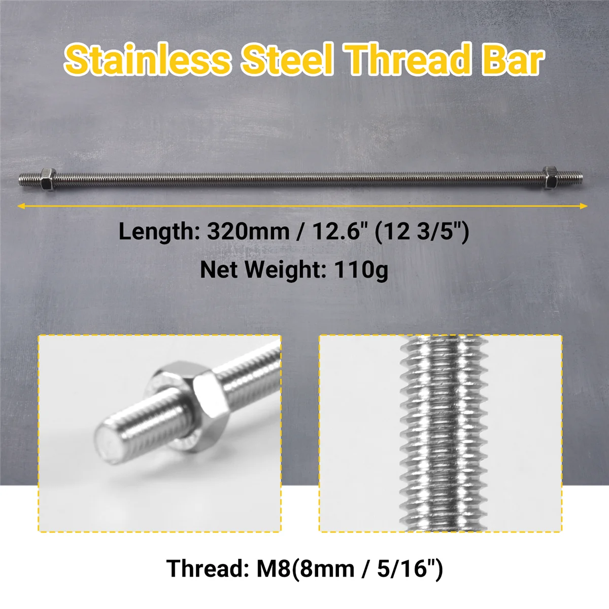 ABKM 320mm x M8 Stainless Steel Thread Bar Stock Rod Silver Tone