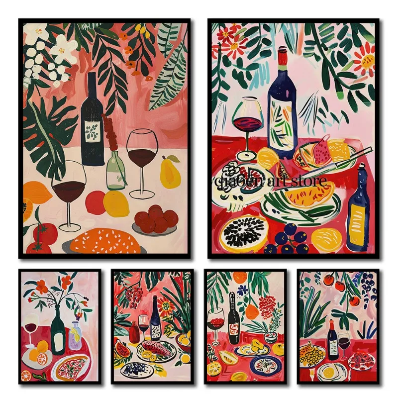 

Обеденный стол, иллюстрация напитков, вино, фрукты, Ретро плакат, печать на холсте, Настенная картина для кухни, домашний декор, подарок