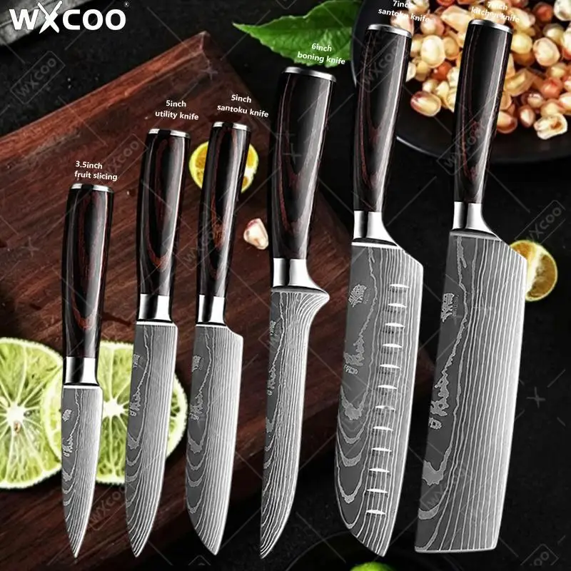 Damaskus Küchenmesser-Set Professionelles Ausbeinmesser Fleischbeil Allzweckmesser Japanisches Santoku-Messer Kochmesser mit Abdeckung