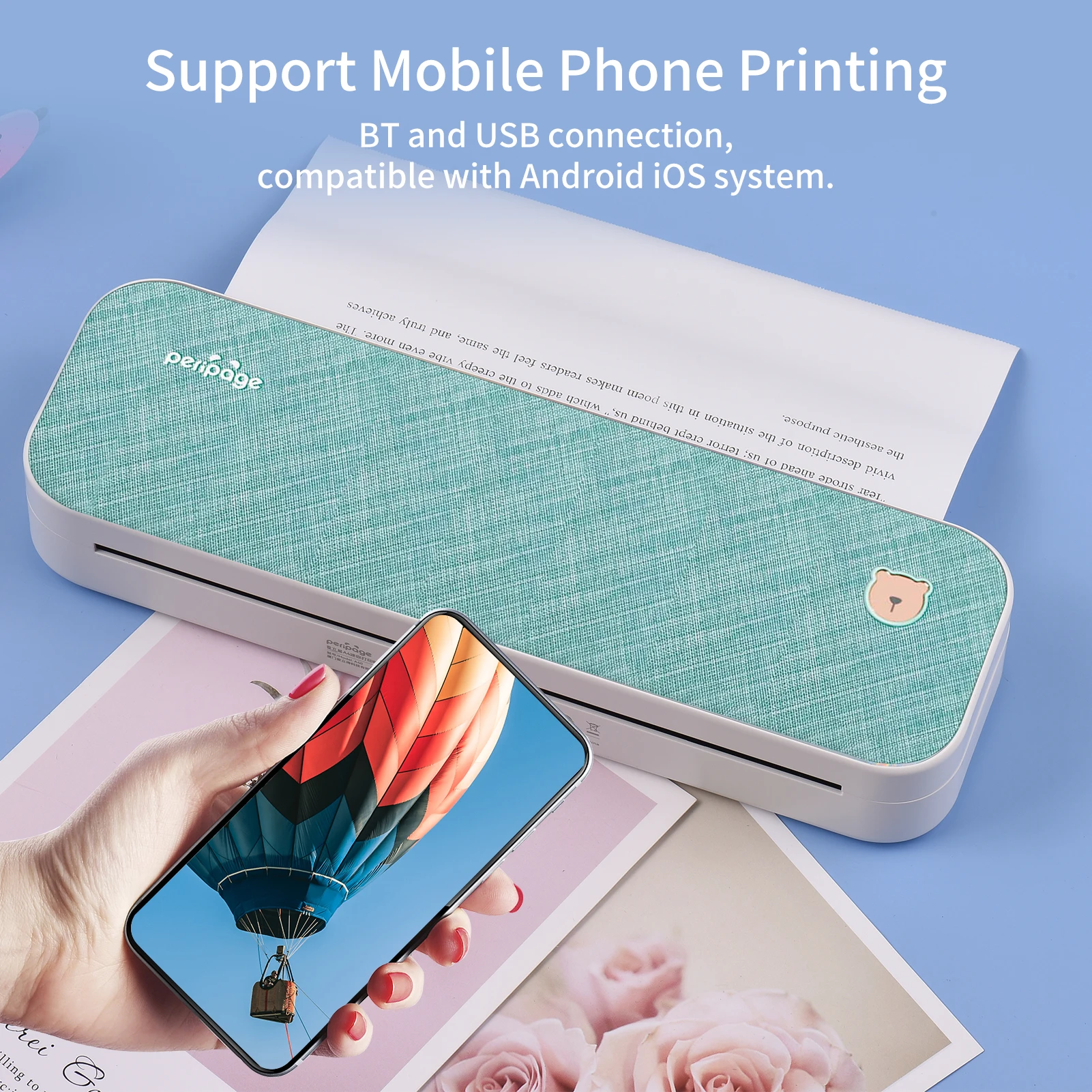 A4 Paper Printer Direct Thermal Transfer Wireless Printer Mobile 210mm Mini Mobile Photo Printer USB BT with 1 Roll Paper